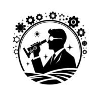 Monochrome silhouette of a scientist with a telescope, surrounded by gears and stars, encased in a circular design. vector