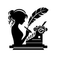 Silhouette of a woman with updo, quill pen, and vintage typewriter, evoking creativity and the art of writing in classic style against a white background. vector