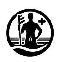 Black and white circular featuring a male silhouette holding a staff, with nautical and medical elements symbolizing health and fitness. vector