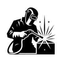 A silhouetted welder, wearing a protective helmet and holding a welding torch, meticulously welds two pieces of metal, creating bright sparks. vector