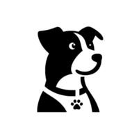 Minimalist black and white dog head and shoulders view, sporting a paw print collar, against a clean white background vector