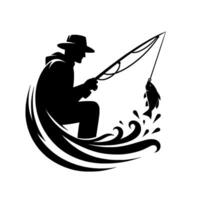 A silhouetted fisherman, with a hat and cloak, reeling in a fish, surrounded by stylized water swirls and splashes, capturing the essence of fishing success. vector