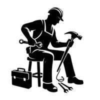 Silhouette of a skilled tradesman wearing a hard hat, holding tools, seated, next to a toolbox, embodying hard work and craftsmanship. vector
