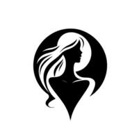 A minimalist silhouette of a womans profile with flowing hair, contained within a black circle with a textured surface, set against a white backdrop. vector