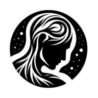 Silhouette of a woman in profile with flowing hair within a circle, accentuated by minimalist dots on a contrasting black background. vector