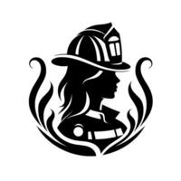 Silhouette of a female firefighter in profile wearing helmet, surrounded by stylized flames, representing courage service. vector