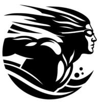 A streamlined, dynamic black and white illustration depicting a swimmers profile, emerging from stylized waves, with flowing hair and focused determination. vector