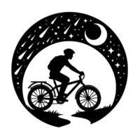 Silhouette of a cyclist riding at night, framed by a circle of stars, a crescent moon, and shooting stars, evoking adventure. vector