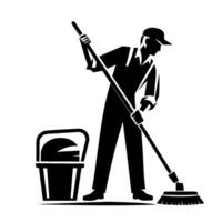 Black and white silhouette of a janitor mopping floor beside a bucket, cleanliness and service concept. vector