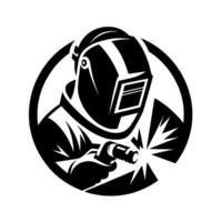 A stylized black and white illustration depicts a welder, helmeted and focused, engaged in the act of welding within a circular frame, with bright sparks emanating. vector