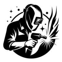 A stylized, bold monochrome illustration depicts a welder in protective gear, sparks flying from the welding tool, set against a circular backdrop with stars and a polished aesthetic. vector