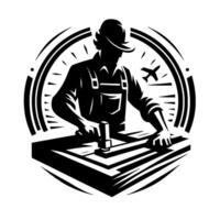 Silhouette of a carpenter, set within a circular frame, working on a wooden surface with a hammer, with a plane in the background, evoking craftsmanship. vector