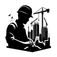 A silhouette of a construction worker in a hard hat, meticulously reviewing blueprints with the backdrop of a city under construction, adorned with cranes and flying birds, symbolizing progress and ur vector