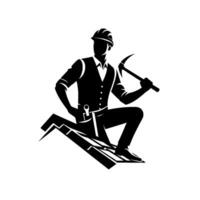 Black and white silhouette of a roofer kneeling on a roof with hammer, hardhat and tool belt, symbolic of construction. vector