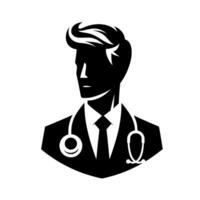 Stylized silhouette of a doctor in a suit, featuring a stethoscope, conveying authority and care. vector