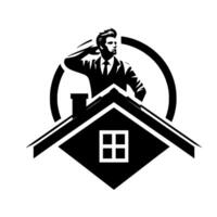 A monochrome depicts a man in a suit pondering above a house, within a circular frame, symbolizing property and business. vector