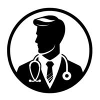 A modern, minimalist silhouette of a doctor in a round frame, sporting a stethoscope and tie, symbolizing healthcare and medical profession. vector