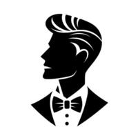 A stylized black and white silhouette of a gentleman in profile, sporting a classic hairstyle and formal attire with a bow tie, conveying elegance and sophistication. vector