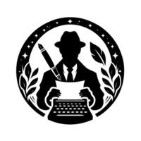 Emblem of a noir author a silhouette illustration depicting a fedoraclad writer amidst literary symbols within a starstudded circular frame, composing on a typewriter. vector