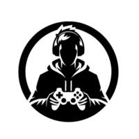Silhouette of a gamer in a hoodie within a circular frame, holding a controller, wearing headphones, monochromatic art. vector
