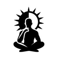 A stylized, minimalist depiction of a meditating figure with a divided sun halo, representing balance and enlightenment. vector