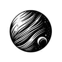 A stylized black and white celestial illustration depicting a planet with flowing white lines, a crescent moon, and starry night sky, all within a circular frame. vector