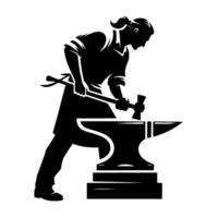 A stylized silhouette of a blacksmith in action, hammering metal on an anvil, holding tongs, with a focus on bold contrast, motion, and craft. vector