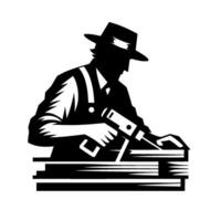 Silhouette of a carpenter wearing a fedora and suspenders, meticulously drilling into wood, with a stark black and white and a focus on craftsmanship. vector