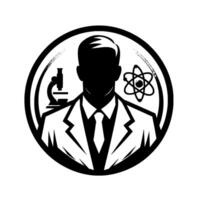 A monochrome emblem of a scientist silhouette within a circular frame, flanked by a microscope and an atom symbol, representing research. vector
