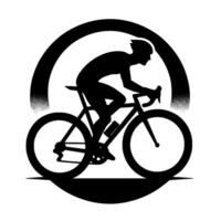 Silhouetted cyclist in motion, riding a road bike within a circular design, showcasing dynamic energy. vector