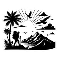 Silhouette of a hiker ascending a mountain, with a sunset background, palm trees and birds soaring, evoking adventure and freedom. vector