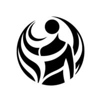Abstract black and white silhouette of a human form encased within a circular of flowing lines and curves, minimalist and symbolic. vector