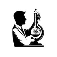 A stylized black and white silhouette of a scientist examining a beaker with an atom symbol inside a microscope frame, bubbles float. vector