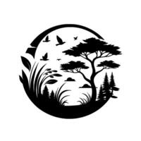 Silhouette of a serene landscape featuring a stylized tree, evergreen trees, grassy details, and birds against a circular frame, creating a calm nature scene. vector