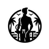 Silhouette of a man by the beach, with palm trees and birds, in a circular frame, captured in black and white minimalism. vector