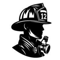 Silhouette of a firefighter in profile, displaying helmet and mask, featuring badge, in bold black and white vector