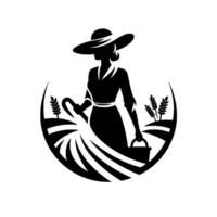Elegant silhouette of a farmer a black and white emblem of a woman in a widebrimmed hat, harvesting crops within a curved frame. vector