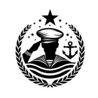 Silhouette of a saluting sailor within a wreath, surrounded by stars and an anchor, a symbolic naval emblem. vector