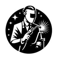 A striking monochrome illustration of a welding craftsman, encased within a black circular frame, welding with a professional torch, highlighted by radiating sparks and star accents. vector