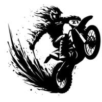 Dynamic silhouette a motocross rider, in midair, performing a wheelie with explosive trail effect, in a bold black and white style. vector