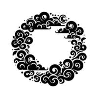 A stylized, circular illustration featuring a frame of swirling, cloudlike shapes and dots in black against a stark white background, creating a decorative design. vector