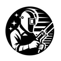 A bold, black and white featuring a welder in a helmet, holding a welding torch, set within a circular frame with starburst accents. vector