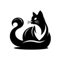 A sleek black cat silhouette, with a curled tail, facing right, stylized and modern, against a clean white background, capturing elegance and simplicity. vector