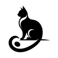 A sleek, minimalist black cat silhouette in profile, perched and gazing, tail forming a stylized spiral with a surrounding white void. vector