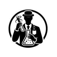 Silhouette of a scientist with hat, holding beakers within a circle, representing science, medicine research. vector