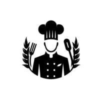 Minimalist chef in black and white, featuring a toque, wheat, fork, and spatula, representing culinary expertise and fresh ingredients. vector