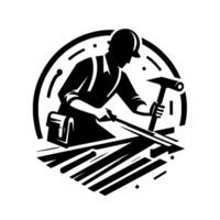 Black and white illustration of a construction worker within a circular frame, focused on hammering metal bars, symbolizing labor and craftsmanship. vector