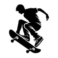 Silhouette of a skateboarder midair performing a trick, captured in dynamic black and white against a clean white backdrop. vector