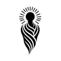 A stylized black and white illustration featuring a figure with a halo, representing a spiritual or celestial being wrapped in flowing, patterned robes. vector