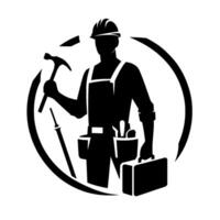A stylized black and white of a construction worker, holding tools, inside a circular design, ready for service and representing construction work. vector
